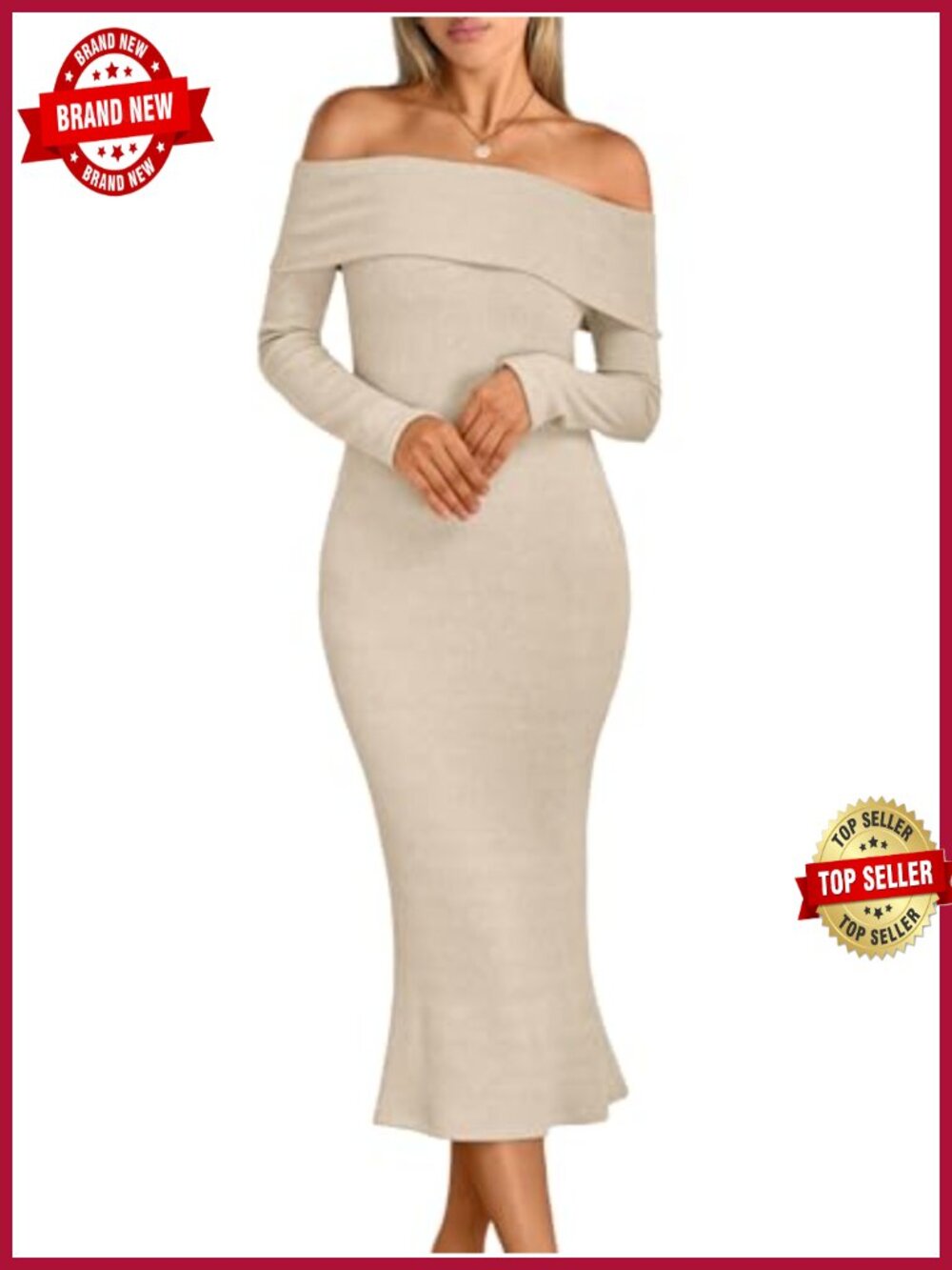 Off Shoulder Bodycon Midi Sweater Dress Long Sleeve Knit
